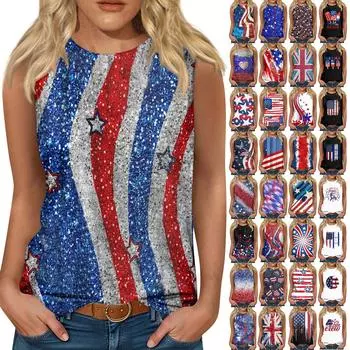 Женская модная футболка без рукавов с круглым вырезом и принтом ко Дню независимости M винный