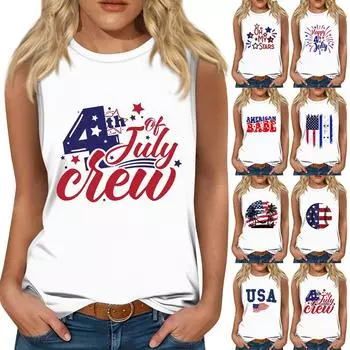 Женская модная футболка без рукавов с круглым вырезом и принтом ко Дню независимости L чёрный