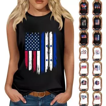 Женская модная футболка без рукавов с круглым вырезом и принтом ко Дню независимости L чёрный