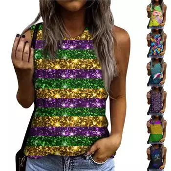 Женская модная футболка без рукавов с круглым вырезом и карнавальным принтом для отдыха L синий