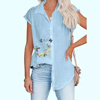 Женская модная футболка без рукавов, тонкая повседневная блузка с цветочным принтом, женская рубашка на пуговицах S белый