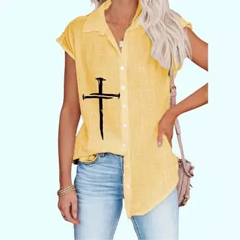 Женская модная футболка без рукавов, тонкая повседневная блузка с крестообразным принтом, женская рубашка на пуговицах S белый