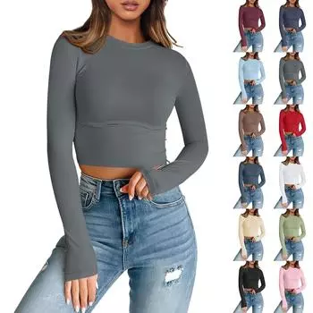 Женская модная футболка без воротника, базовый тонкий однотонный топ с длинным рукавом L бежевый