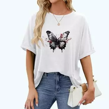 Женская модная футболка больших размеров, летняя повседневная футболка с круглым вырезом и принтом бабочки, пуловер, свободная футболка с короткими рукавами