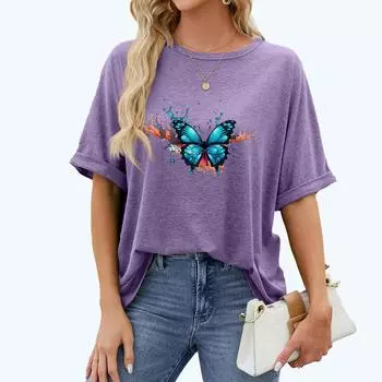 Женская модная футболка больших размеров, летняя повседневная футболка с круглым вырезом и принтом бабочки, пуловер, свободная футболка с короткими рукавами S чёрный