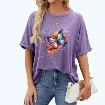 Женская модная футболка больших размеров, летняя повседневная футболка с круглым вырезом и принтом бабочки, пуловер, свободная футболка с короткими рукавами S чёрный