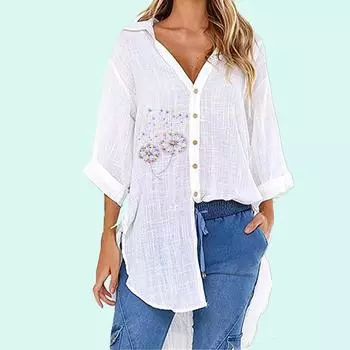 Женская модная футболка больших размеров с V-образным вырезом, летняя осень, свободные блузки с цветочным принтом, футболка с половиной рукавом, женская повседневная длинная рубашка на пуговицах S белый