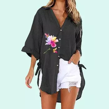 Женская модная футболка больших размеров с V-образным вырезом, летняя осень, свободные блузки с цветочным принтом, футболка с половиной рукавом, женская повседневная длинная рубашка на пуговицах S белый