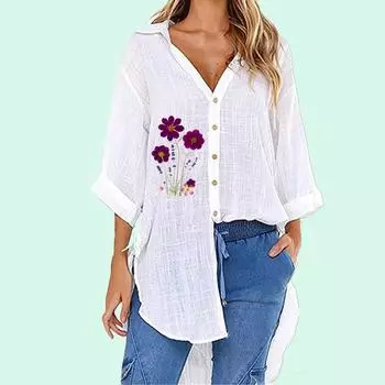 Женская модная футболка больших размеров с V-образным вырезом, летняя осень, свободные блузки с цветочным принтом, футболка с половиной рукавом, женская повседневная длинная рубашка на пуговицах S белый
