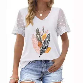 Женская модная футболка больших размеров с V-образным вырезом, короткими рукавами и кружевными деталями для летней моды S