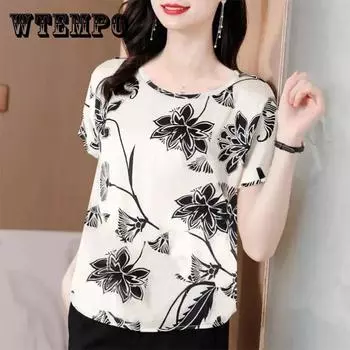 Женская модная футболка большого размера с принтом, женская летняя тонкая рубашка для толстой матери в западном стиле, свободная рубашка с круглым вырезом и низом XXXXL