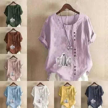 Женская модная футболка Ghost Printed с круглым вырезом и коротким рукавом, повседневная рубашка из хлопка и льна с рисунком, свободная летняя блузка для отдыха, топы S розовый