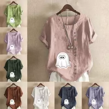 Женская модная футболка Ghost Printed с круглым вырезом и коротким рукавом, повседневная рубашка из хлопка и льна с рисунком, свободная летняя блузка для отдыха, топы S розовый