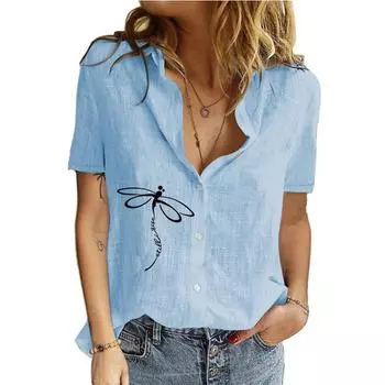 Женская модная футболка-кардиган с лацканами и воротником на весну и осень, хлопковый льняной топ, повседневные блузки с короткими рукавами и принтом S белый