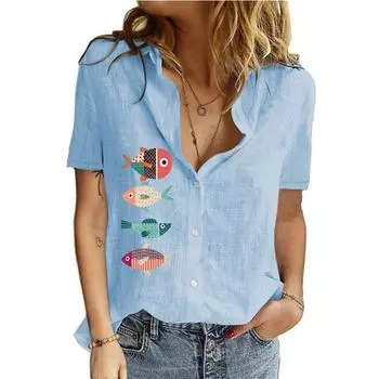 Женская модная футболка-кардиган с лацканами и воротником на весну и осень, хлопковый льняной топ, повседневные блузки с короткими рукавами и принтом S белый