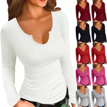 Женская модная футболка Notch V-образным вырезом с длинным рукавом и нитками, однотонные топы XL чёрный