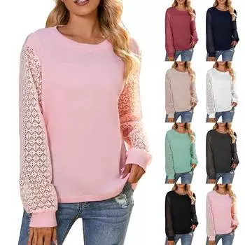 Женская модная футболка, однотонный круглый вырез, пуловер с баской, повседневный трикотажный кружевной топ M чёрный