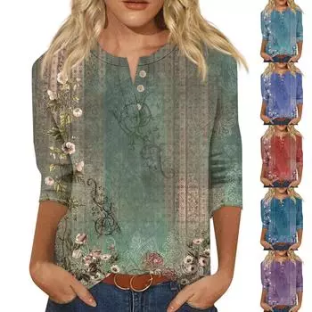 Женская модная футболка, повседневная футболка с v-образным вырезом и пуговицами до плеч, рукав семь четвертей, топ XXL