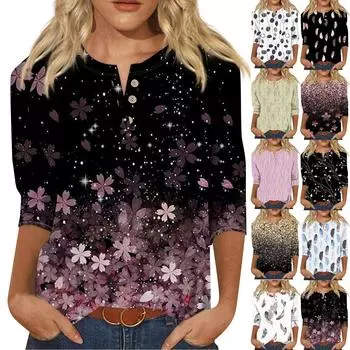 Женская модная футболка, повседневная футболка с v-образным вырезом и пуговицами до плеч, рукав семь четвертей, топ XXXXL