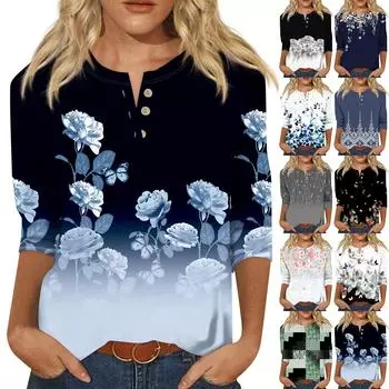 Женская модная футболка, повседневная футболка с v-образным вырезом и пуговицами до плеч, рукав семь четвертей, топ M