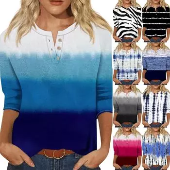 Женская модная футболка, повседневная футболка с v-образным вырезом и пуговицами до плеч, рукав семь четвертей, топ XXXXL