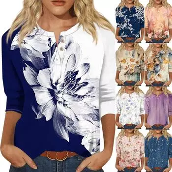 Женская модная футболка, повседневная футболка с v-образным вырезом и пуговицами до плеч, рукав семь четвертей, топ S синий