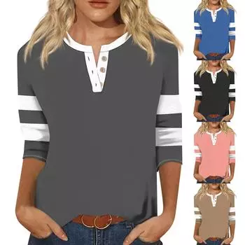 Женская модная футболка, повседневная, однотонная, с V-образным вырезом, застежкой на пуговицы, рукавами длиной семь четвертей XXXXXL розовый