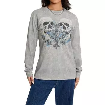 Женская модная футболка, повседневные топы для женщин с крестообразным принтом на Хэллоуин и длинными рукавами, серый цвет S серый