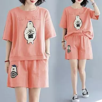 Женская модная футболка с большим мультяшным медведем и шортами, свободный спортивный комплект M розовый