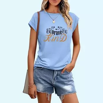 Женская модная футболка с буквенным принтом, повседневная футболка с круглым воротником и коротким рукавом, весна-лето S чёрный