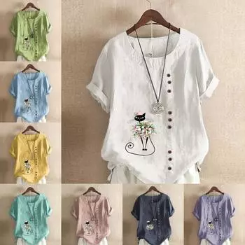 Женская модная футболка с цветочным принтом «черный кот» с круглым вырезом и коротким рукавом, повседневная хлопково-льняная рубашка с рисунком, свободная летняя блузка для отдыха, топы больших размеров 3XL синий