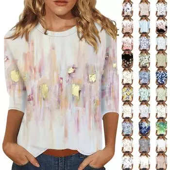 Женская модная футболка с цветочным принтом и круглым вырезом, рукав три четверти, повседневный топ L чёрный