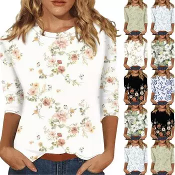 Женская модная футболка с цветочным принтом и круглым вырезом, рукав три четверти, повседневный топ L чёрный