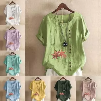Женская модная футболка с цветочным принтом и круглым вырезом, с коротким рукавом, повседневная хлопково-льняная рубашка с рисунком, свободная летняя блузка для отдыха, топы S розовый