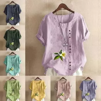 Женская модная футболка с цветочным принтом и круглым вырезом, с коротким рукавом, повседневная хлопково-льняная рубашка с рисунком, свободная летняя блузка для отдыха, топы S розовый
