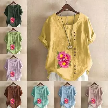 Женская модная футболка с цветочным принтом и круглым вырезом, с коротким рукавом, повседневная хлопково-льняная рубашка с рисунком, свободная летняя блузка для отдыха, топы S розовый