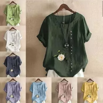 Женская модная футболка с цветочным принтом и круглым вырезом, с коротким рукавом, повседневная хлопково-льняная рубашка с рисунком, свободная летняя блузка для отдыха, топы S розовый