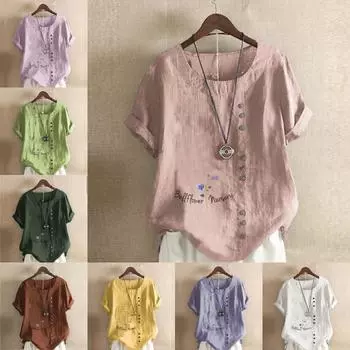 Женская модная футболка с цветочным принтом и круглым вырезом, с коротким рукавом, повседневная хлопково-льняная рубашка с рисунком, свободная летняя блузка для отдыха, топы S розовый