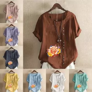 Женская модная футболка с цветочным принтом и круглым вырезом, с коротким рукавом, повседневная хлопково-льняная рубашка с рисунком, свободная летняя блузка для отдыха, топы S розовый