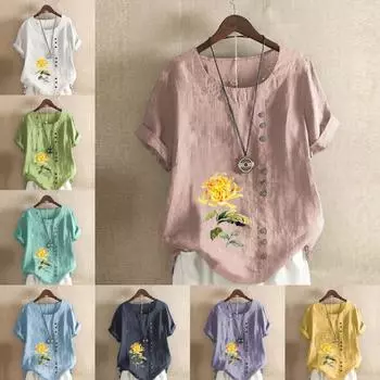 Женская модная футболка с цветочным принтом и круглым вырезом, с коротким рукавом, повседневная хлопково-льняная рубашка с рисунком, свободная летняя блузка для отдыха, топы S розовый