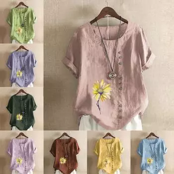 Женская модная футболка с цветочным принтом и круглым вырезом, с коротким рукавом, повседневная хлопково-льняная рубашка с рисунком, свободная летняя блузка для отдыха, топы S розовый