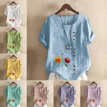Женская модная футболка с цветочным принтом и круглым вырезом, с коротким рукавом, повседневная хлопково-льняная рубашка с рисунком, свободная летняя блузка для отдыха, топы S розовый