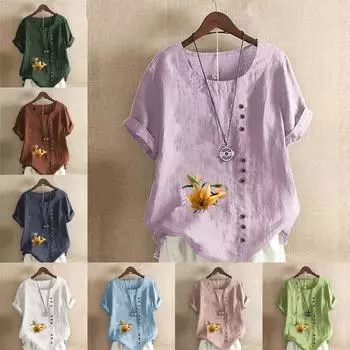 Женская модная футболка с цветочным принтом и круглым вырезом, с коротким рукавом, повседневная хлопково-льняная рубашка с рисунком, свободная летняя блузка для отдыха, топы S розовый