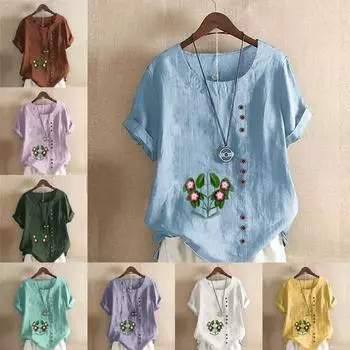 Женская модная футболка с цветочным принтом и круглым вырезом, с коротким рукавом, повседневная хлопково-льняная рубашка с рисунком, свободная летняя блузка для отдыха, топы S розовый