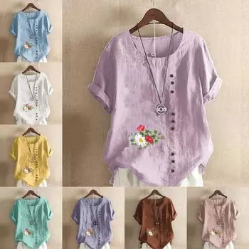 Женская модная футболка с цветочным принтом и круглым вырезом с коротким рукавом, повседневная хлопковая льняная рубашка с рисунком, свободная летняя блузка, топы S розовый