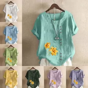 Женская модная футболка с цветочным принтом и круглым вырезом, с коротким рукавом, повседневная хлопково-льняная рубашка с рисунком, свободная летняя блузка для отдыха, топы S розовый