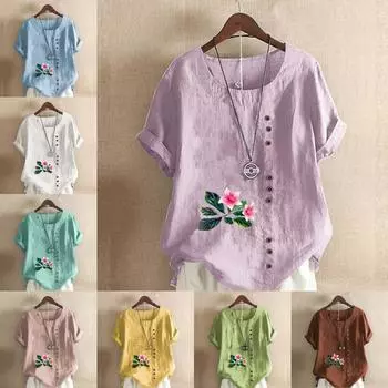 Женская модная футболка с цветочным принтом и круглым вырезом, с коротким рукавом, повседневная хлопково-льняная рубашка с рисунком, свободная летняя блузка для отдыха, топы S розовый