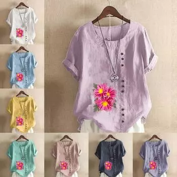 Женская модная футболка с цветочным принтом и круглым вырезом, с коротким рукавом, повседневная хлопково-льняная рубашка с рисунком, свободная летняя блузка для отдыха, топы S розовый