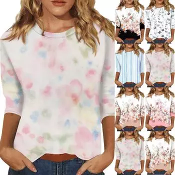 Женская модная футболка с цветочным принтом и круглым вырезом, рукав три четверти, повседневный топ L чёрный