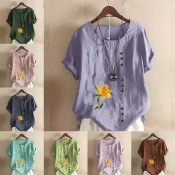 Женская модная футболка с цветочным принтом и круглым вырезом, с коротким рукавом, повседневная хлопково-льняная рубашка с рисунком, свободная летняя блузка для отдыха, топы S розовый